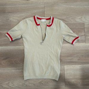 Wilfred Free - Quarter zip short/sleeve work top, tan w/ striped trim XS